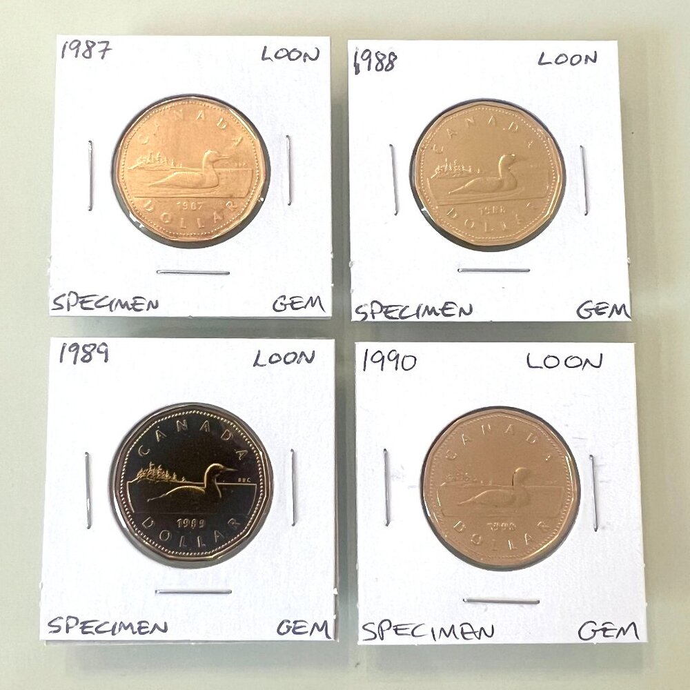 1987, 1988, 1989 and 1990 Canada Specimen Finish $1 Loonies!